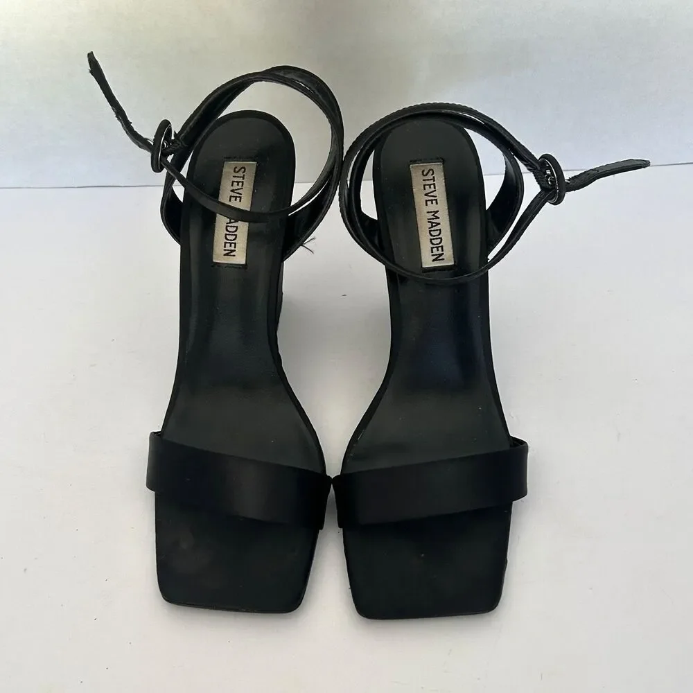 VTG Steve Madden, Black Satin Square Toe Ankle Strap Wedge Heel 8 Classic 90s